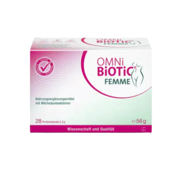 OMNI BIOTIC Femme probiotic supplement box with 28 portion packs for women's health, emphasizing scientific quality.