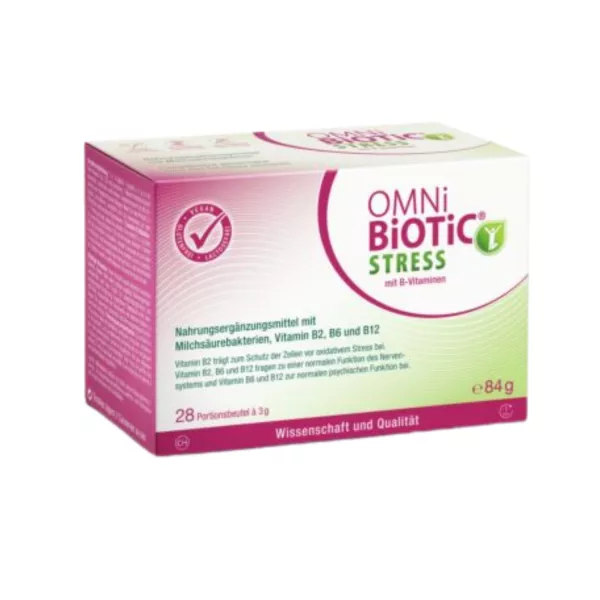 Schachtel des OMNi-BiOTiC® STRESS Nahrungsergänzungsmittels mit B-Vitaminen, 28 Portionsbeutel à 3 Gramm, als vegan zertifiziert.