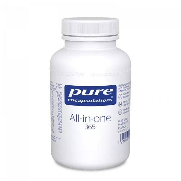 Bouteille de capsules Pure Encapsulations All-in-One 365, remplie de nutriments essentiels pour la santé quotidienne.