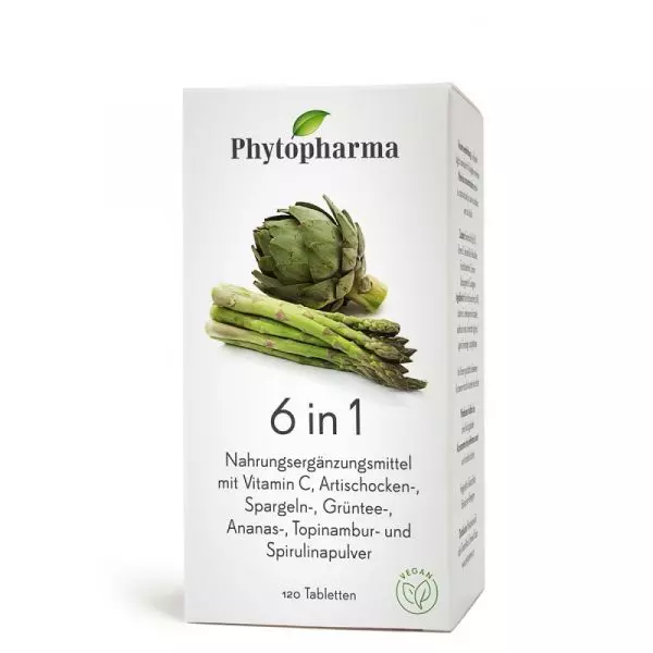 Soutenez votre bien-être général avec les puissants comprimés 6 en 1 de Phytopharma, contenant asperge, artichaut, thé vert, ananas, topinambour et spiruline.