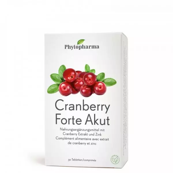 Phytopharma Cranberry Forte Akut Tabletten unterstützen die Harnwegsgesundheit mit wirksamem Cranberry-Extrakt und Zinkcitrat. 