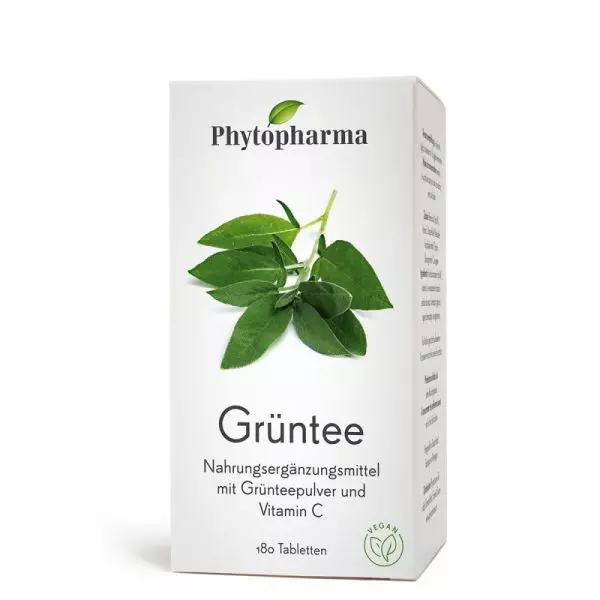 Verpackung von Phytopharma Grüntee Tabletten, 180 Stück für Gesundheit und Vitalität, erhältlich bei vitamister.