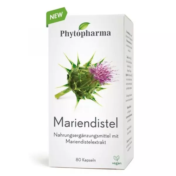 New Phytopharma product box featuring Milk Thistle extract, highlighting the plant and vegan-friendly indication.