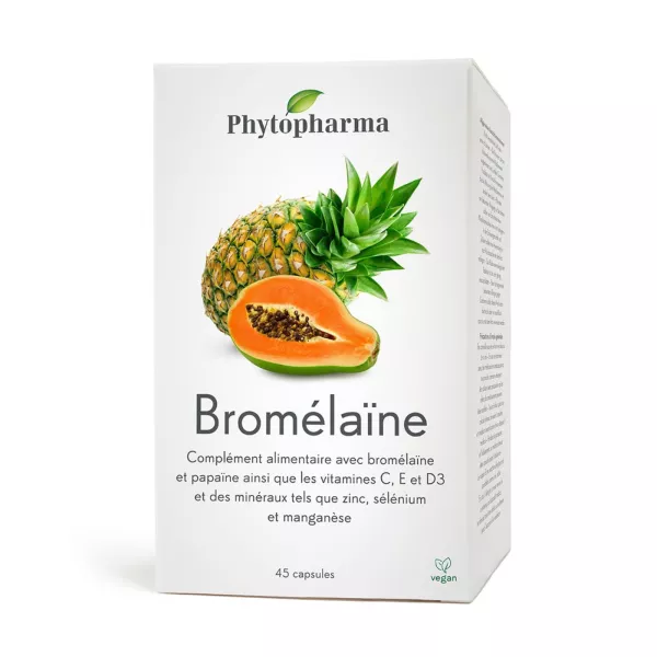 Phytopharma Bromelain supplement box featuring pineapple and papaya images. White packaging with green leaf logo. Product highlights digestive enzymes, vitamins C, E, D3, and minerals. 45 vegan capsules for digestive health support.