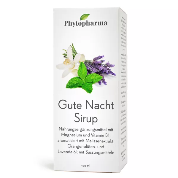 Phytopharma Gute Nacht Sirup 100ml Schachtel. Natürliche Einschlafhilfe mit Melisse, Lavendel und Orangenblüte. Jetzt bei vitamister Schweiz für erholsame Nächte bestellen.