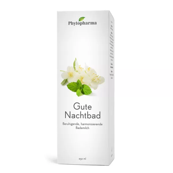Phytopharma Gute Nachtbad packaging with a serene design featuring jasmine flowers and mint leaves, highlighting its 250 ml volume.