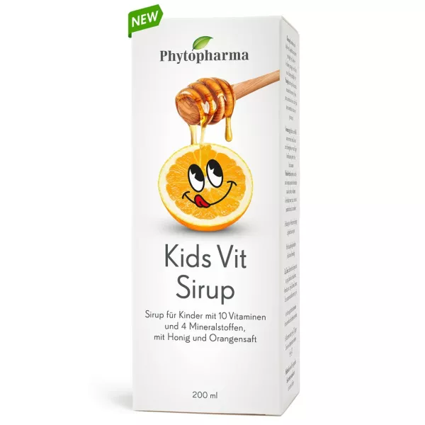 Phytopharma Kids Vit Syrup 200ml pack with honey and orange flavor, enriched with 10 vitamins and 4 minerals, vegetarian, lactose-free, gluten-free.