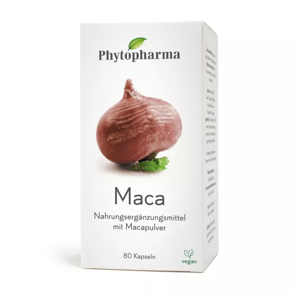 Phytopharma Maca Kapseln. Natürliches Nahrungsergänzungsmittel für Energie und Libido, erhältlich bei vitamister in der Schweiz.