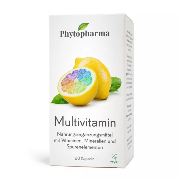 Phytopharma Multivitamin pack showcasing 60 vegan capsules enriched with vitamins, minerals, and trace elements, emphasizing natural wellness.