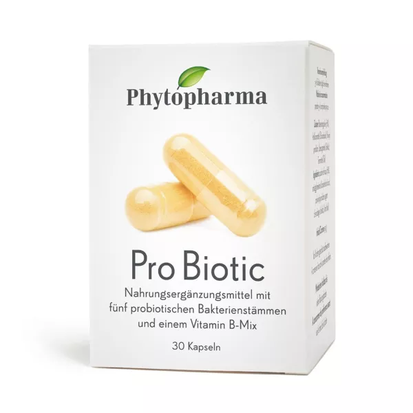 Ein Paket von Phytopharma Pro Biotic auf einem weißen Hintergrund. Bestellen Sie jetzt bei Vitamister und genießen Sie eine optimale Darmgesundheit.