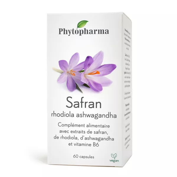 Améliorez votre humeur et réduisez le stress avec le mélange puissant de safran, rhodiola, ashwagandha et vitamine B6 de Phytopharma.