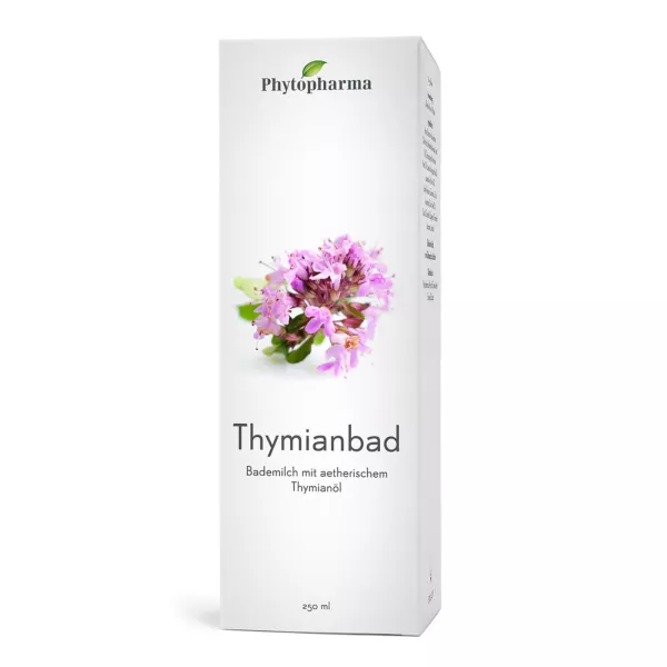 Verpackung des Phytopharma Thymianbad 250ml, angereichert mit natürlichem Thymianöl für ein reinigendes und entspannendes Badeerlebnis.