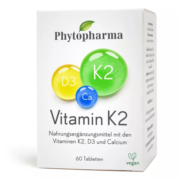 Packaging of Phytopharma Vitamin K2 with D3 and Calcium, 60 Tablets, highlighting vegan formula. Available now on vitamister in Switzerland.