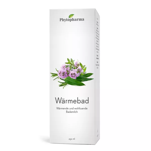 Phytopharma Warm Bath 250ml packaging, a soothing blend with thyme, rosemary, and eucalyptus essential oils for comforting warmth.
