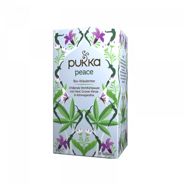 Paquet de thé herbal bio Peace de Pukka avec un design d'herbes apaisantes. Idéal pour la relaxation. Cliquez pour acheter en Suisse.