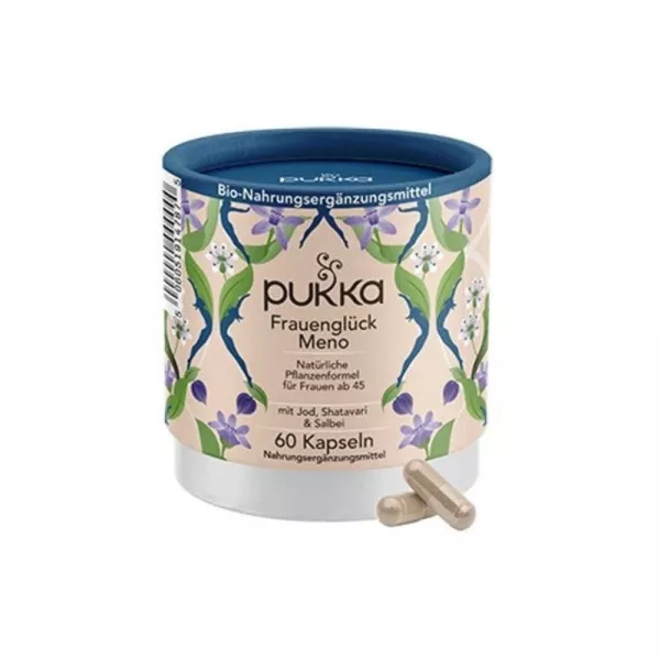 Image of PUKKA Women's Happiness Meno Capsules, a natural menopause support supplement.