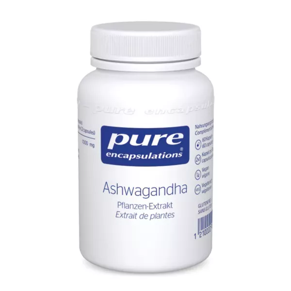 Flacon de gélules Ashwagandha Pure Encapsulations 60ct, disponible en Suisse via vitamister, parfait pour la gestion du stress et le bien-être.