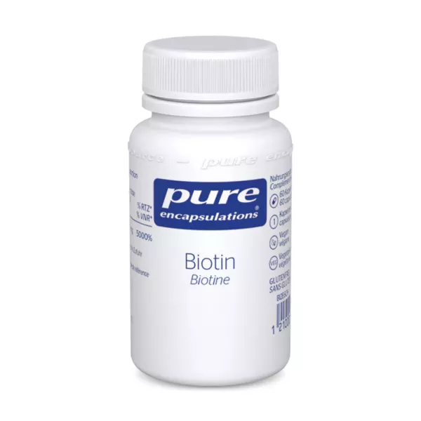 Gélules de biotine Pure Encapsulations fournissant 5000% de la valeur quotidienne de biotine par portion pour favoriser la santé des cheveux, de la peau et des ongles.