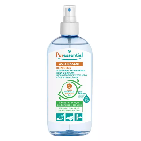 Spray assainissant antibactérien Puressentiel, une solution efficace pour la propreté et l'hygiène avec des huiles essentielles naturelles.