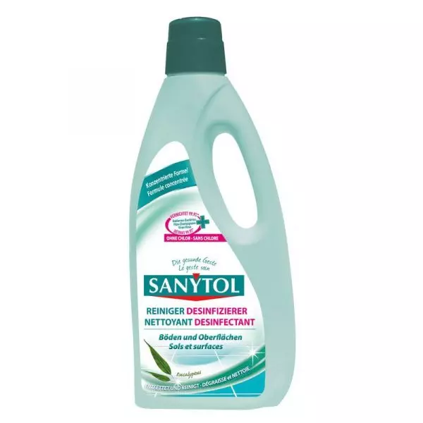 Sanytol disinfectant cleaner bottle on surface, eucalyptus scent, kills 99.9% germs, bleach-free.