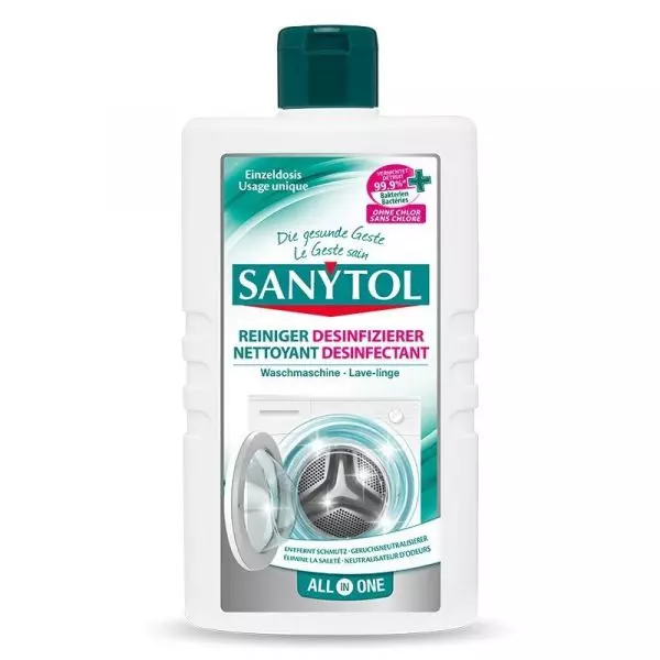 Sanytol Nettoyant Désinfectant Lave-Linge, assurant la propreté de votre machine à laver. Disponible chez Vitamister Suisse.
