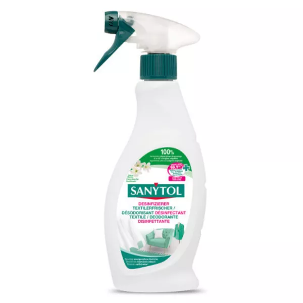 Sanytol Désinfectant Désodorisant Textile, assurant la fraîcheur et l’hygiène de vos textiles. Disponible chez Vitamister Suisse.