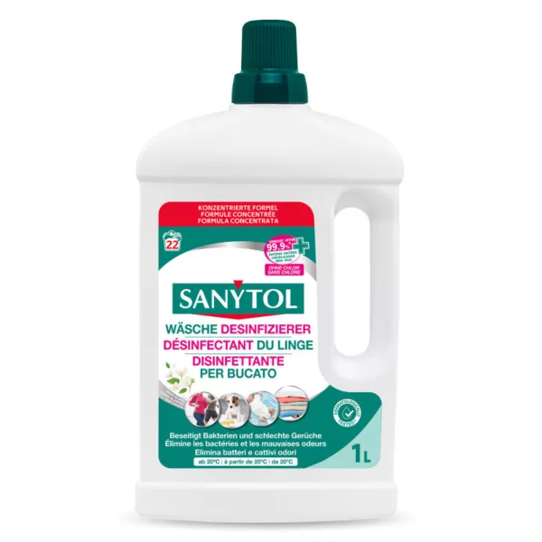 Sanytol Laundry Disinfectant - White Flowers, eliminates bacteria, candida albicans, and H1N1 virus even at low temperatures.