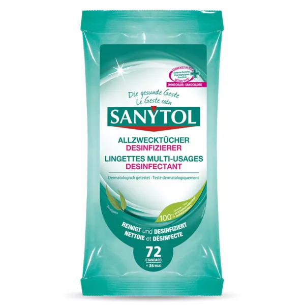 Sanytol Multi-Purpose Disinfectant Wipes - Eucalyptus, clean and disinfect all surfaces in one go.