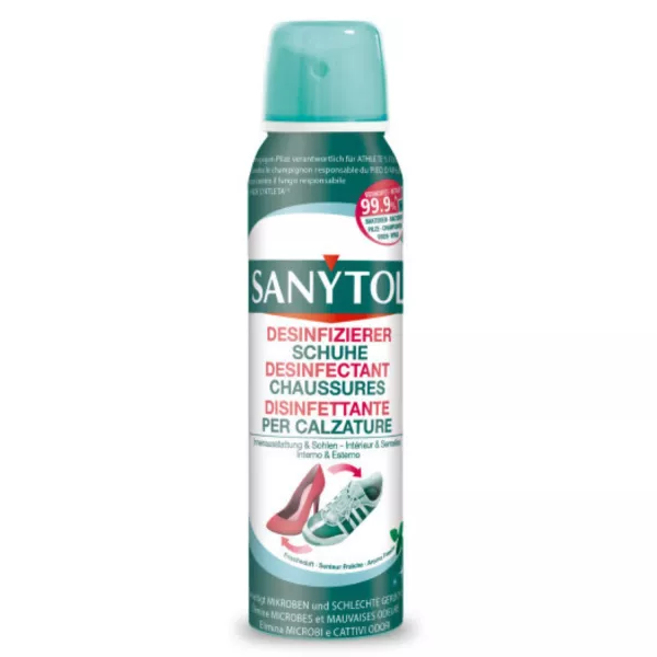 Spray Désinfectant pour Chaussures Sanytol, élimine les microbes, bactéries et champignons, laissant les chaussures fraîches.