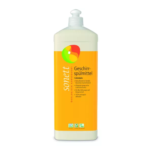 Eco-friendly Sonett Calendula Dishwashing Liquid gently cleans dishes while soothing hands