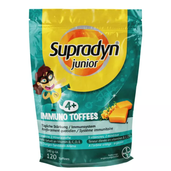 Supradyn Junior Immuno Toffees - Sugar-free vitamin toffees for children's immune support, available in Switzerland on Vitamister.