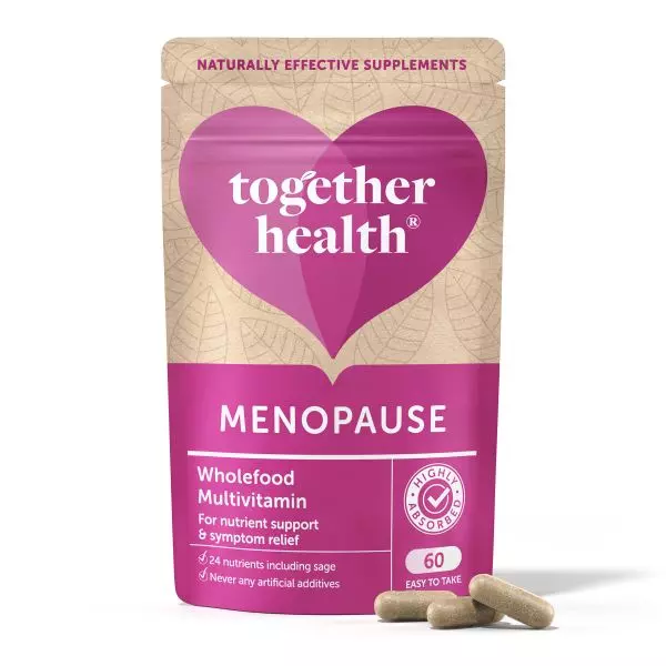 Verpackung der Together Health Menopause Multi Kapseln, entworfen für die Gesundheit der Frauen und hormonelles Gleichgewicht, erhältlich in der Schweiz auf vitamister.