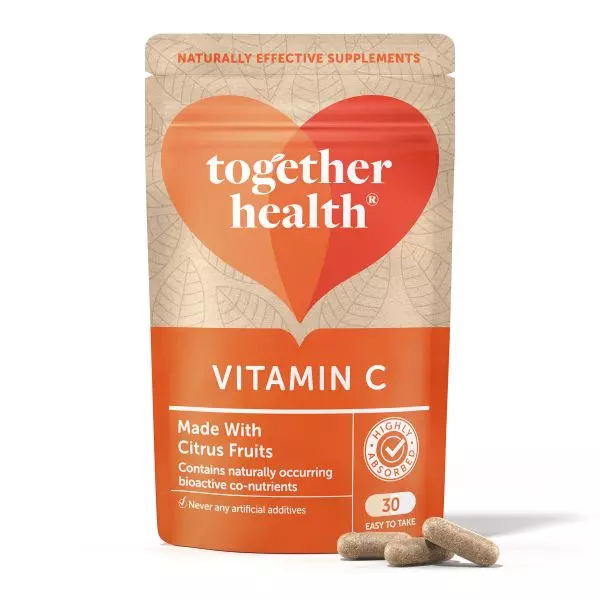 Vorderansicht der Together Health Bio Vitamin C Kapseln Verpackung, betont natürliches Vitamin C. Jetzt in der Schweiz kaufen.