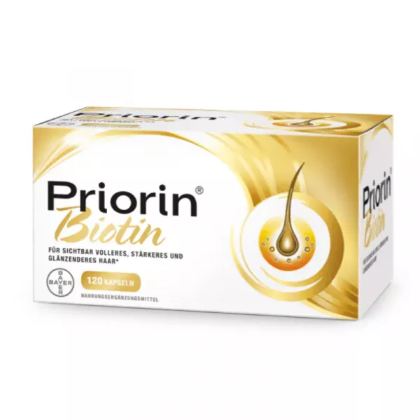 Box of Priorin Biotin 120 capsules to promote healthy hair growth with biotin and millet extract. Buy now at vitamister! 