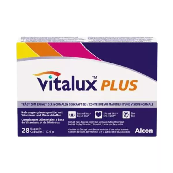 Kaufen Sie Vitalux Plus bei vitamister.ch - 28 Kapseln mit Zink und Vitaminen für die Augengesundheit. In der Schweiz hergestellt. Schnelle Lieferung. Jetzt bestellen!