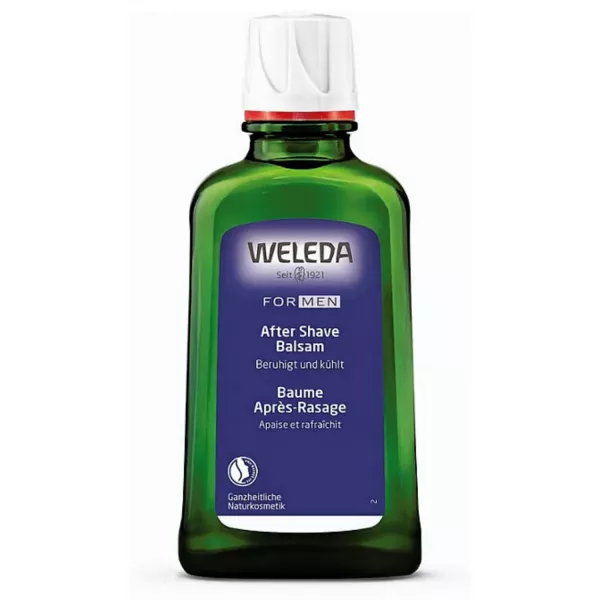 Weleda FOR MEN After Shave Balm in a green glass bottle, highlighting its soothing and cooling effects, and holistic natural cosmetics.