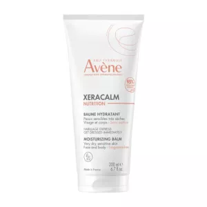 Tube of Avène XeraCalm Nutrition Moisturizing Balm 200ml for very dry sensitive skin, fragrance-free for face and body, made in France with 95% natural ingredients.