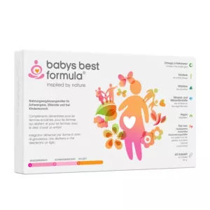 Baby's Best Formula packaging, a plant-based supplement for prenatal and breastfeeding care, enriched with vitamins and DHA.