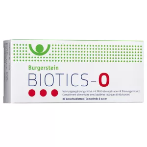 Burgerstein Biotics-O Lutschtabletten unterstützen die Mund- und Rachengesundheit mit dem nützlichen Bakterium Streptococcus salivarius K12 und Vitamin D.