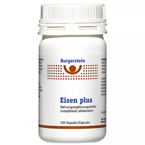 Burgerstein Iron plus bottle containing 150 capsules. Comprehensive iron, vitamin, and mineral supplement developed in Switzerland. Buy now from vitamister for improved energy, blood health, and overall well-being.