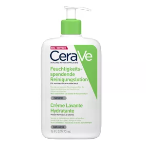 Lotion nettoyante douce et hydratante CeraVe avec céramides essentiels et acide hyaluronique en flacon-pompe de 473ml, sans parfum.
