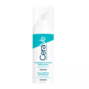 Flacon de 30ml de CeraVe Rétinol Sérum Anti-Marques pour peaux à tendance acnéique, mettant en avant les ingrédients clés pour une peau nette et lisse.