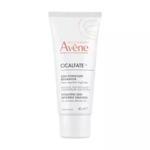 Tube of Avène Cicalfate+ Hydrating Skin Repairing Emulsion against a white background, emphasizing its post-acte and post-tatouage benefits for sensitive skin, 40 ml.