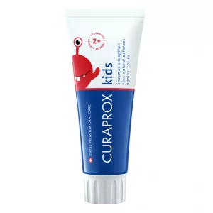 Tube of Curaprox Kids Strawberry Toothpaste with a playful red strawberry character, highlighting enzymatic defense against caries for children aged 2+