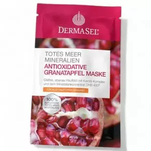 Sachet de 12ml du Masque Antioxydant à la Grenade Dermasel. Soin du visage rajeunissant aux minéraux de la Mer Morte. Achetez maintenant chez vitamister en Suisse.