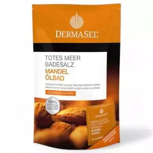 DermaSel Dead Sea Bath Salt Almond Oil Bath 420ml package - Luxurious skin care from the Dead Sea, now available at vitamister in Switzerland