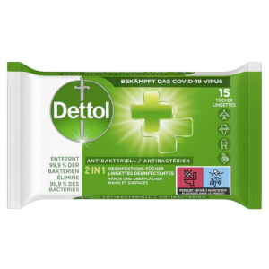 Dettol 2 in 1 Antibacterial Disinfectant wipes (15 Count)