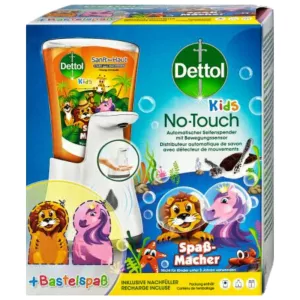 A box of Dettol kids no touch automatic soap dispenser Starter Set with a refill - buy now at vitamister CH in Switzerland