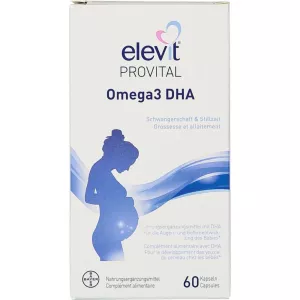 Verpackung von Elevit Provital Omega3 DHA Nahrungsergänzungsmittel, 60 Kapseln für Unterstützung während Schwangerschaft und Stillzeit.