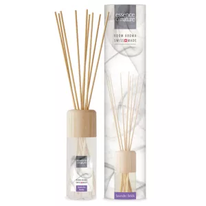 Essence of Nature Lavender Fields Aroma Sticks 100ml in a glass flacon with decorative wood ring and sticks for a calming home fragrance.